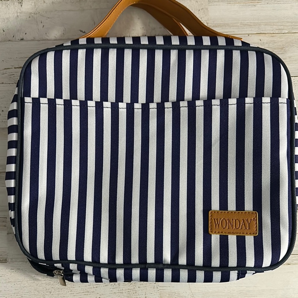 Blue and white cosmetics bag